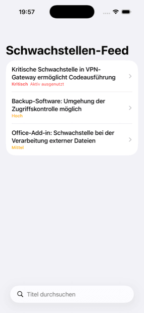 Schwachstellen-Feed in der App mit Schweregrad und KEV-Hinweis