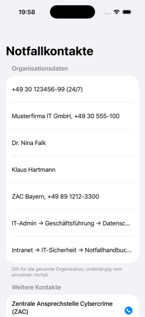 Notfallkontakte in der App mit IT-Dienstleister, ZAC und Telefonkette