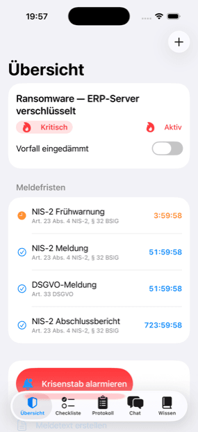 Übersicht der App mit aktivem Ransomware-Vorfall und laufenden Meldefristen
