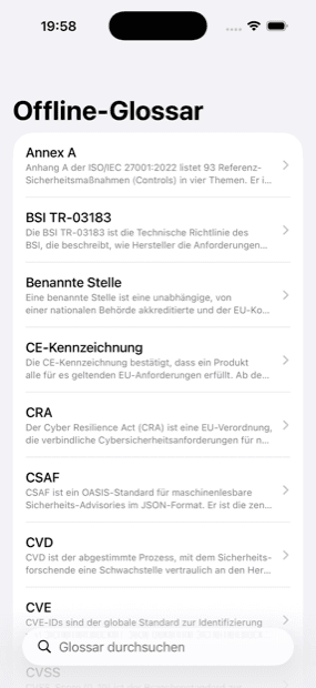 Offline-Glossar der App mit IT-Security-Begriffen